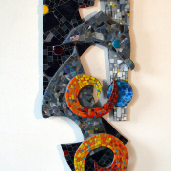 Vertical mosaic artwork featuring abstract geometric shapes and colorful spiral patterns on a neutral background.