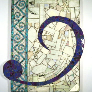 Mosaic artwork with a blue spiral pattern, geometric shapes, and a decorative blue border on a rectangular surface.