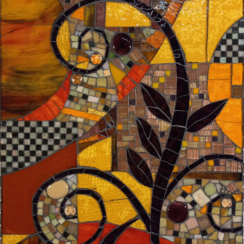 Colorful mosaic artwork with abstract shapes, plant-like black lines, and a mix of yellow, orange, and brown tiles.