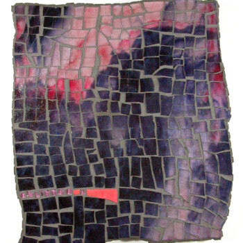 Mosaic artwork with irregular purple and pink tiles, featuring a small row of red tiles near the bottom left.