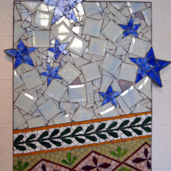 Mosaic artwork featuring blue stars, white tiles, green leaves, and geometric patterns on a rectangular panel.