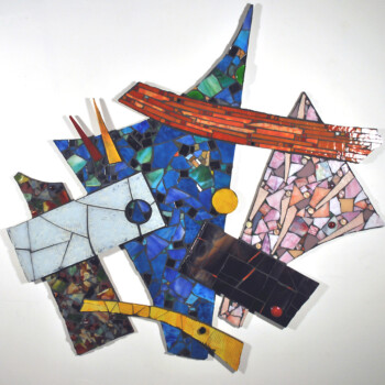 Colorful abstract mosaic artwork featuring geometric shapes in blue, pink, orange, and yellow arranged on a white background.