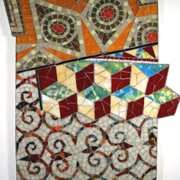 Mosaic artwork with geometric patterns, including spirals, cubes, and circular designs in red, orange, and neutral tones.