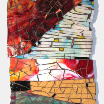 Abstract mosaic artwork with irregularly shaped tiles in red, yellow, white, and black, arranged in geometric patterns.