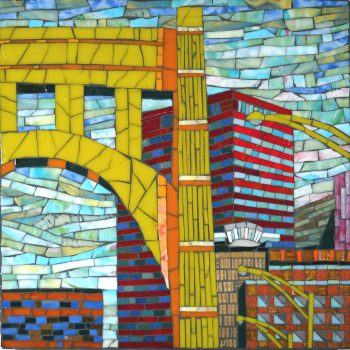 SOLD Mosaic artwork depicting a cityscape with a yellow bridge and colorful buildings under a blue sky.