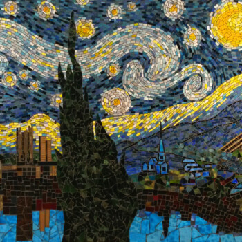 SOLD A mosaic artwork inspired by Van Gogh’s "Starry Night," featuring bright swirls and a town skyline.