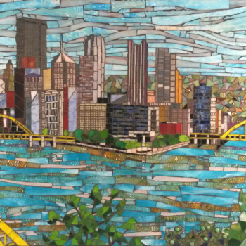 SOLD Colorful mosaic art depicting a city skyline, bridges, and a river under a sky with swirling lines.