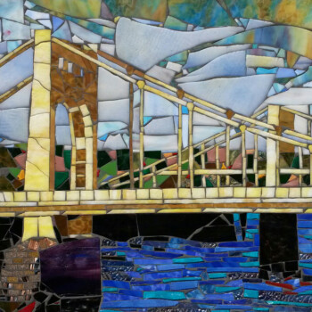 SOLD Mosaic artwork depicting a suspension bridge over blue water with a cloudy sky in the background.