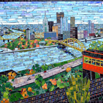 SOLD Mosaic art of a city skyline with yellow bridges, a river, and a red incline railway among trees in the foreground.