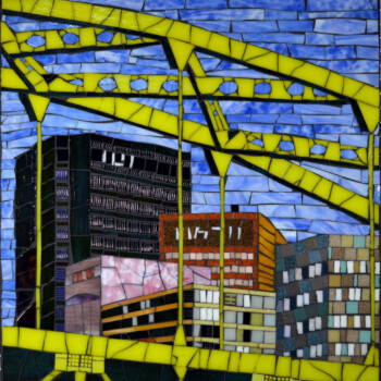 SOLD Mosaic artwork depicting a cityscape with buildings and a yellow bridge structure against a blue sky.
