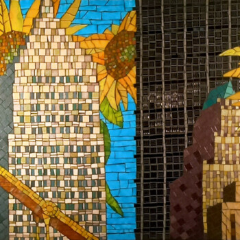 SOLD Mosaic artwork depicting tall buildings with large sunflowers in the background against a blue sky.