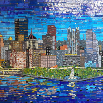 SOLD Mosaic artwork depicts a city skyline with tall buildings, a park, a fountain, and a river in the foreground.