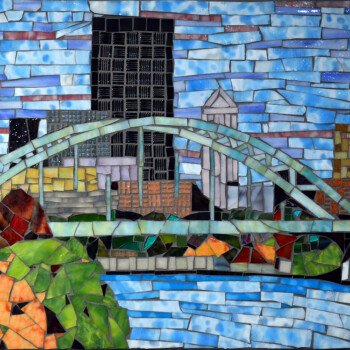 SOLD Mosaic artwork depicting a city skyline with buildings, a bridge, trees, and a river under a blue sky.