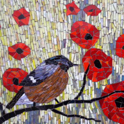 A mosaic artwork of a bird perched on a branch among red flowers, made from small colored tiles.