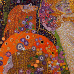 Mosaic artwork depicting three women with flowing hair surrounded by colorful flowers and patterns.