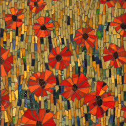 A mosaic artwork featuring red flowers with yellow, green, and gold rectangular tiles as the background.