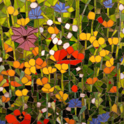 Colorful mosaic artwork depicting abstract flowers in shades of yellow, red, blue, and purple on a green background.