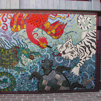 SOLD Mosaic mural depicting a red bird, a white tiger, a green dragon, and a black turtle against a blue background.