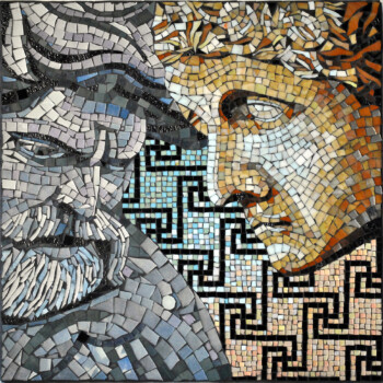 Mosaic artwork depicting two classical male faces in profile against a geometric patterned background.