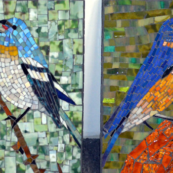 Four mosaic panels depict different colorful birds perched on branches against varied natural backgrounds.