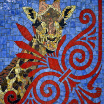 Mosaic artwork of a giraffe with red swirling patterns on a blue tile background.