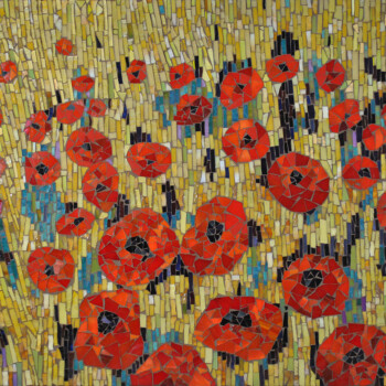 Mosaic artwork depicting a field of red poppy flowers against a yellow and green background.