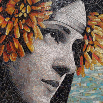 Mosaic artwork of a woman's face in profile with yellow and orange flowers in her hair against a blue background.