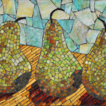 Mosaic artwork depicting three pears with green and yellow tiles against a blue and brown tiled background.