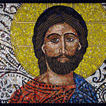 A mosaic artwork depicts a bearded man with a halo and robes, set against a gold and patterned background.