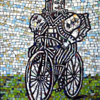 A mosaic artwork depicting a playing card king figure riding a bicycle on green and white tiled ground.