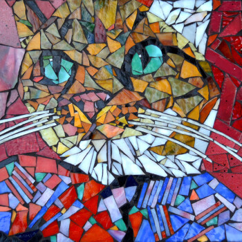 SOLD A colorful mosaic artwork depicting a cat’s face with green eyes and a multicolored background.