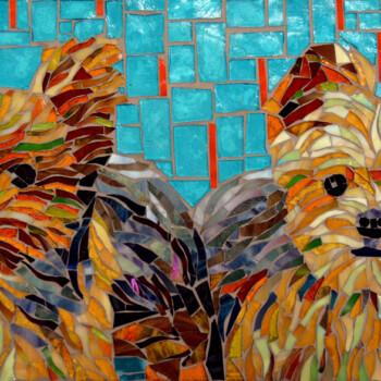 SOLD Mosaic artwork of two small dogs with orange and brown tiles against a blue tiled background.