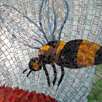 SOLD Mosaic artwork of a bee with black and yellow stripes hovering above a red flower.