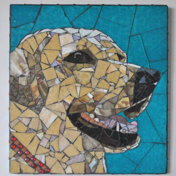 SOLD Mosaic artwork of a dog's head in profile against a blue background, with a red jeweled collar.