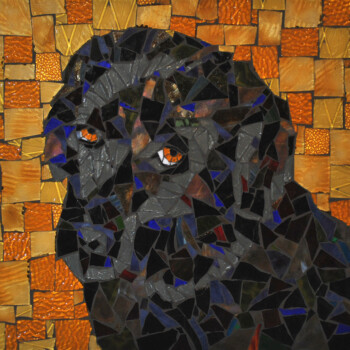 SOLD A mosaic artwork of a black panther with orange eyes against a patterned orange and yellow background.