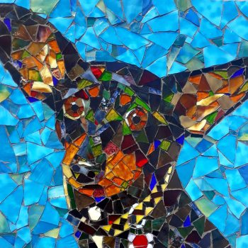 SOLD Mosaic artwork of a dog with large ears, made from colorful pieces of glass against a blue background.