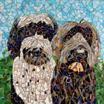 SOLD A mosaic artwork depicting two dogs with shaggy fur, set against a blue sky and green background.