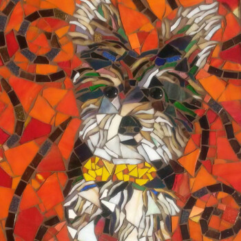 SOLD Mosaic artwork of a dog with a yellow bowtie, featuring orange, red, and brown tiles in the background.