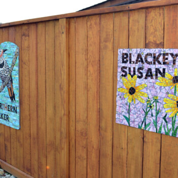 SOLD Three mosaic art panels on a wooden fence, featuring a bird and yellow flowers labeled "NORTHERN FLICKER" and "BLACK EYED SUSAN.