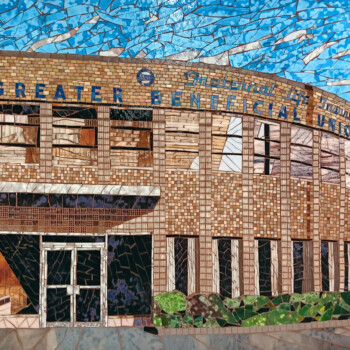 SOLD Mosaic-style artwork of a brick building labeled "Greater Beneficial Union" with an American flag on the right.