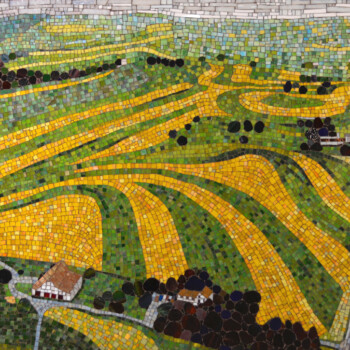 SOLD Mosaic artwork depicting an aerial view of a rural landscape with fields, trees, and a few buildings.