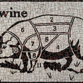 A mosaic depicts a pig with labeled meat cuts and the word "Swine" at the top left.